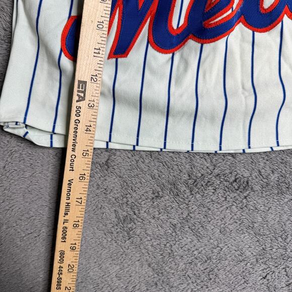 Vintage 80s Sand Knit Mets Cropped Jersey Womens Pinstripe Baseball Top S/M - Picture 6 of 7